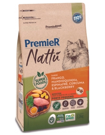 PremieR Nattu Cães Adultos Porte Pequeno Frango Mandioquinha, Espinafre, Cúrcuma & Blackberry 1KG