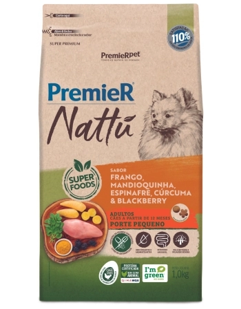 PremieR Nattu Cães Adultos Porte Pequeno Frango Mandioquinha, Espinafre, Cúrcuma & Blackberry 1KG