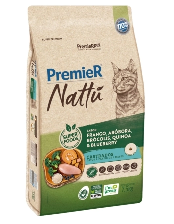 PremieR Nattu Gatos Castrados Frango, Abóbora, Brócolis, Quinoa & Blueberry 7,5KG