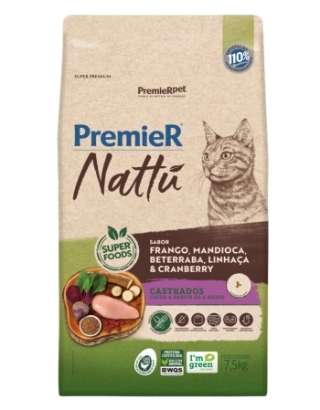 PremieR Nattu Gatos Castrados Frango, Mandioca, Beterraba, Linhaça & Cranberry 7,5KG