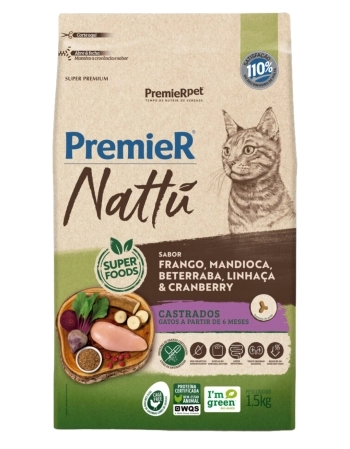 PremieR Nattu Gatos Castrados Frango, Mandioca, Beterraba, Linhaça & Cranberry 1,5KG