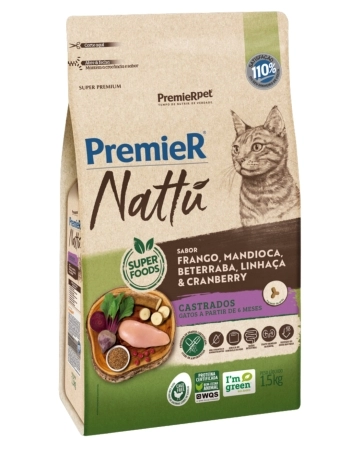 PremieR Nattu Gatos Castrados Frango, Mandioca, Beterraba, Linhaça & Cranberry 1,5KG