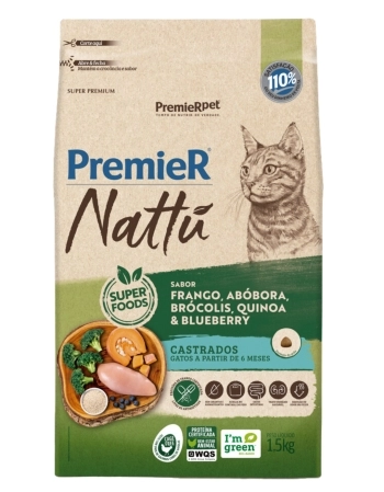 PremieR Nattu Gatos Castrados Frango, Abóbora, Brócolis, Quinoa & Blueberry 1,5KG
